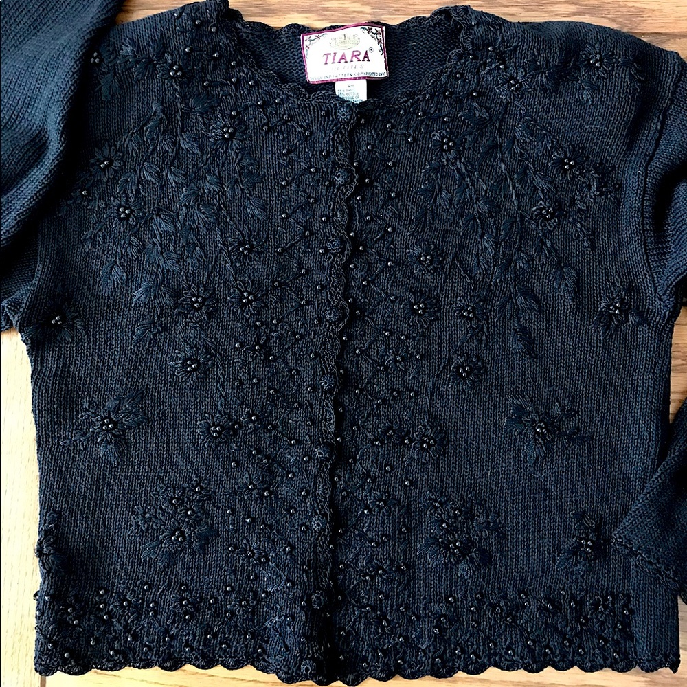 PM Black Crochet and Bead sweater Button Long Sleeve